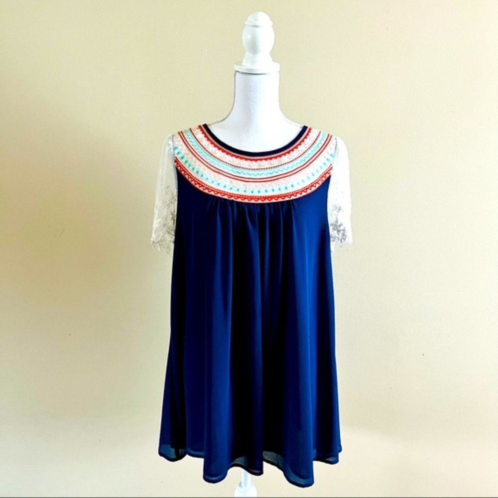Umgee Embroidered Lace Trapeze Dress Navy Blue size M